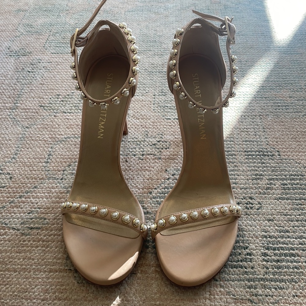 Stuart Weitzman Tan Heels with Pearl Embellishment